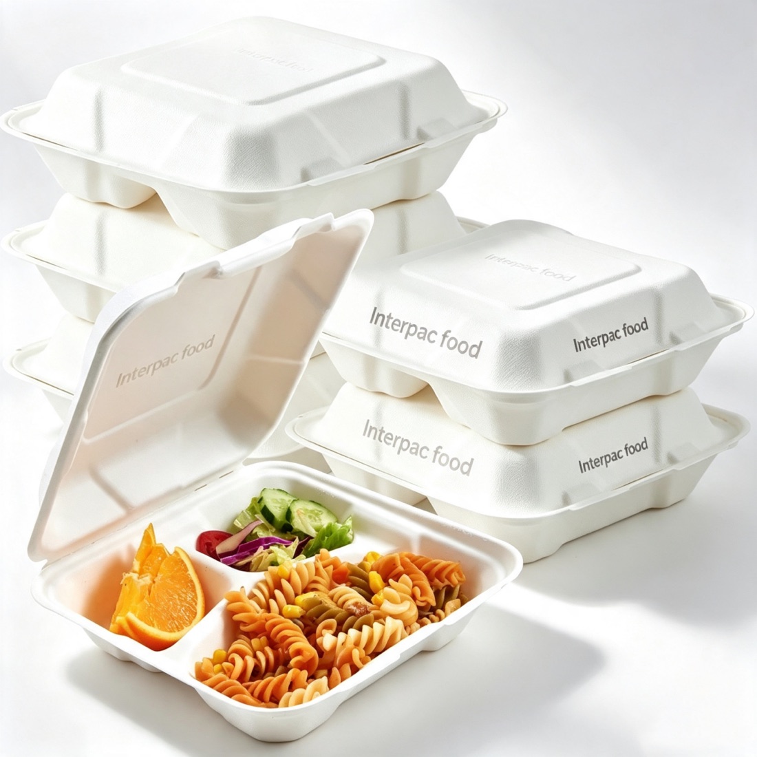 Moulded-fibre clamshell containers for the Interpac brand