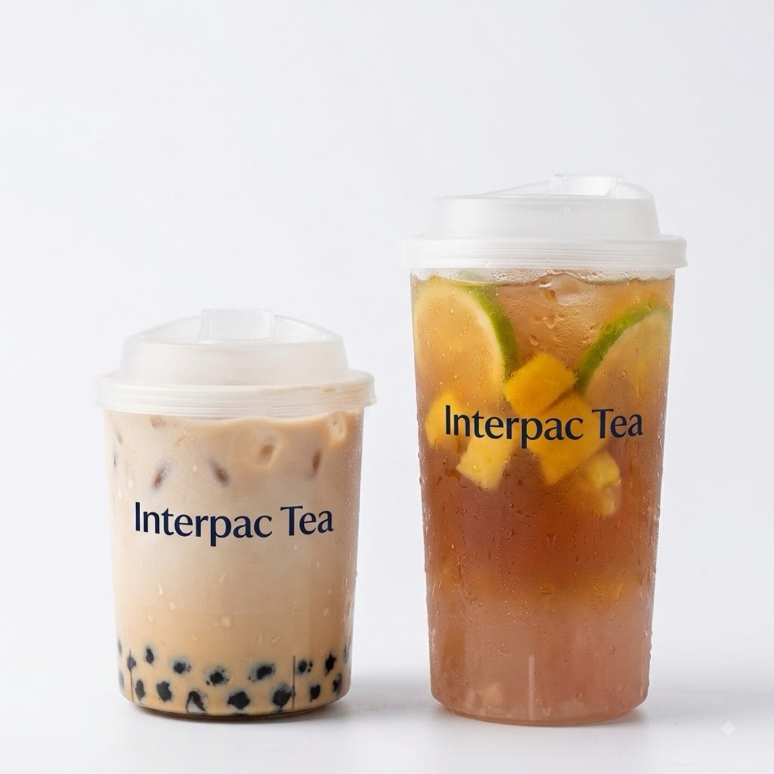PP bubble tea cups printed with the Interpac brand