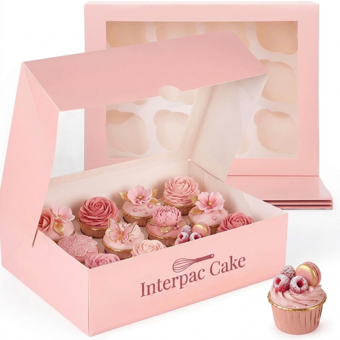 Printed cupcake boxes with insert trays and a clear window