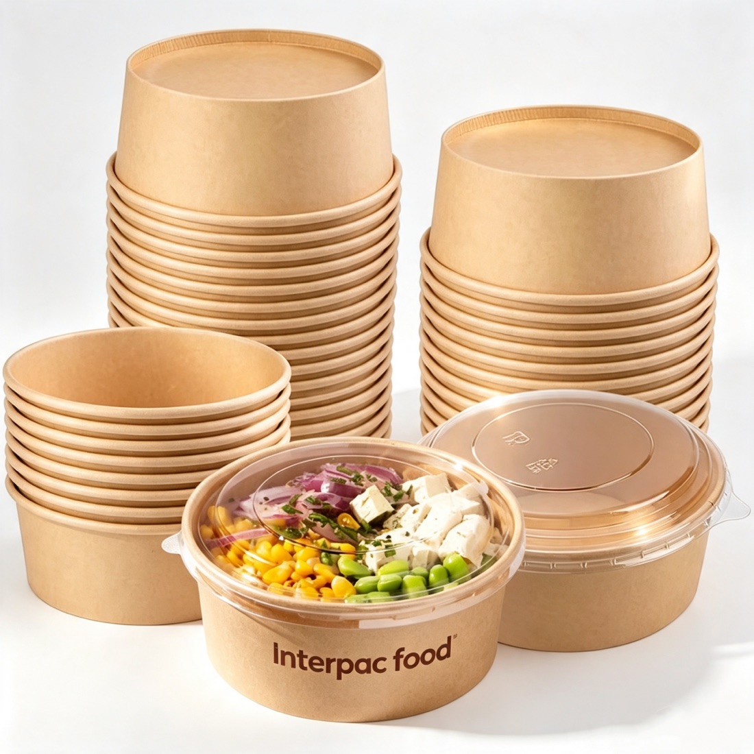 Moulded fibre bowls with clear lids for salads and rice bowls